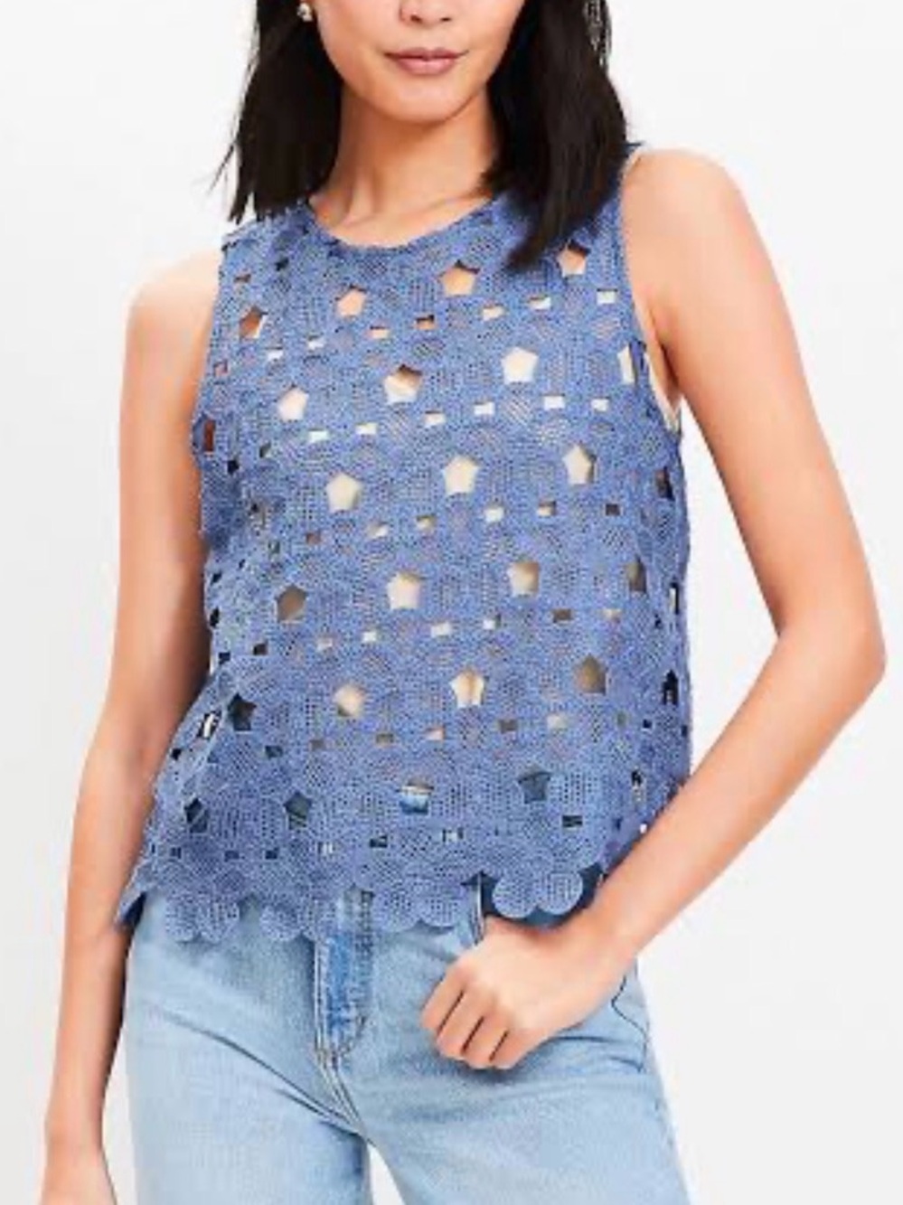 LOFT Blue Daisy Crochet Lace Sleeveless Tank Top Size Medium Scalloped Hem Boho